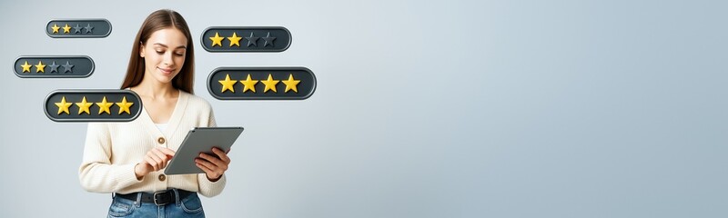 Poster - Woman using tablet with floating star rating icons on light background for technology and feedback concept mockup template design banner.