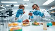 © Kurnia - Two scientists in white lab coats and blue gloves examining cell-based meat samples in petri dishes