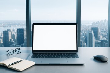 Poster - Modern laptop with blank screen on office desk against cityscape background for business design or technology promotion mockup template concept.