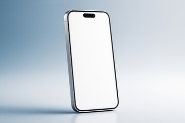 Poster - Smartphone with blank screen standing upright on light gradient background for mockup, copyspace, or tech advertising concept. Ai generative.