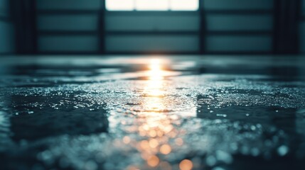 Poster - This image presents a captivating shot of a wet floor reflecting light, showcasing a sense of depth and tranquility that evokes feelings of serenity and contemplation.