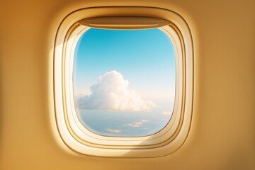 Poster - View through airplane window showing clouds and blue sky with warm light interior, peaceful sky travel transport concept background.