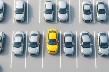 Poster - Yellow car parked among grey cars in parking lot under daylight, top-down view showing contrast and individuality in transport background concept.
