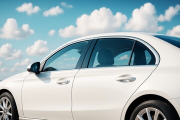 Poster - White luxury sedan car side view with tinted windows under blue sky and fluffy clouds background in daylight transport concept scene.