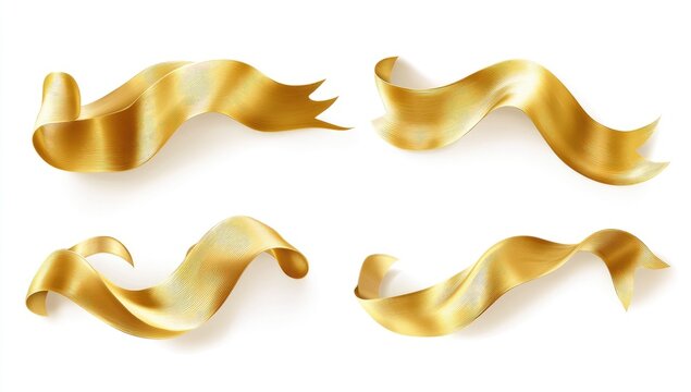 Four gold ribbons, realistically rendered, swirl in various directions against a white background.  Textured, flowing ribbons suggest luxury and celebration