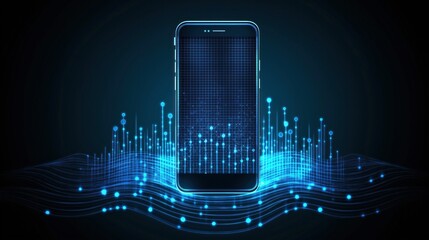 Poster - A glowing smartphone surrounded by dynamic, abstract blue waves and digital elements.