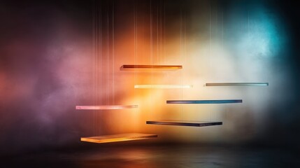 Poster - An artistic arrangement of floating shelves illuminated by vibrant colors creates a captivating display for modern interior design and creative projects.
