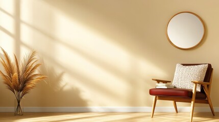 Poster - A serene and minimalist corner of a stylish living room featuring a comfortable chair, a round mirror, and a decorative plant, ideal for interior design inspiration.