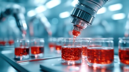 Poster - An innovative factory setting where machinery expertly pours vibrant red liquid into containers, showcasing the merger of technology and efficient production in modern industry.