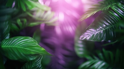 Poster - A vibrant display of green foliage set against a soft purple light, creating an abstract and calming ambiance that invites tranquility and relaxation.