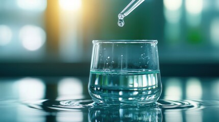 Poster - A close-up of a water glass capturing a droplet about to hit the surface, creating mesmerizing ripples, representing purity and motion in a tranquil setting.