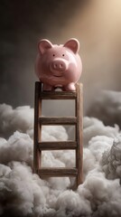 Aufkleber - ladder reaching toward a floating coin bank in the sky metaphor for financial aspiration minimal visual composition side copy space