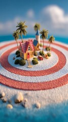 Poster - target board with dart hitting images of vacation car and house representing focused saving goals clean studio light side copy space