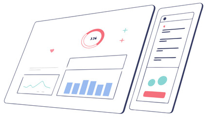 Fototapete - Illustration of a tablet displaying a dashboard with charts and a smartphone showing a list interface