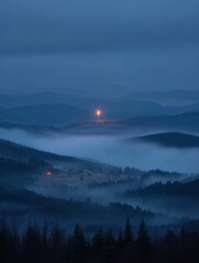 Poster - Fog Blankets the Head-Shaped Landscape With a Glowing Beacon Illuminating the Twilight Hours