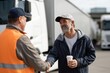 © ryker - Happy truck driver shaking hands with worker, showcasing friendly interaction in transportation setting. scene conveys teamwork and collaboration in logistics industry