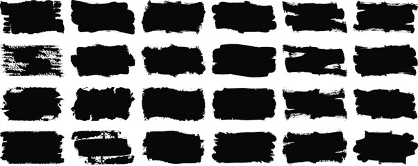Poster - Ink brushstroke and paintbrush template with splashes grunge. Vector set black ink brush stroke. Dirty artistic design elements. Grunge splatter, dirt stain, brush with drops blots. Vector ink box .