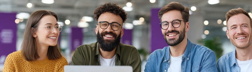 Poster - Four diverse young professionals smiling together in a modern office space, collaborating on a project with a laptop.
