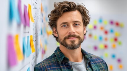 Poster - A confident man with curly hair and a beard stands near a whiteboard covered in colorful sticky notes, suggesting a creative brainstorming or planning session.