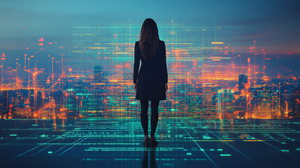 abstract business woman stands on smart digital innovation city with connection network reciprocity 