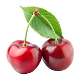 Two Fresh Red Cherries with a Green Leaf on Black Background