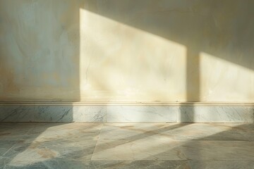 Poster - Sunlight streams across the floor and wall highlighting textures in the simple space