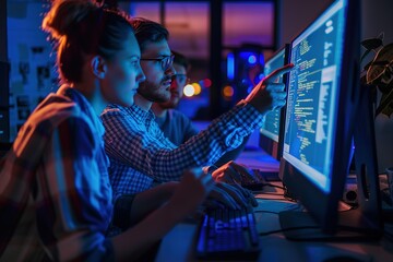 Poster - Teamwork in Tech: Developers collaborating and reviewing code in a modern neon-lit office