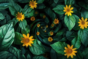 Poster - Floral vortex: Yellow flowers and green leaves create a captivating spiral illusion