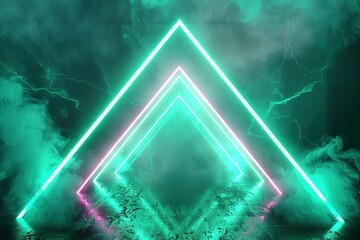 Poster - Glowing triangle portal emits vapor over a reflective surface creating a modern gateway
