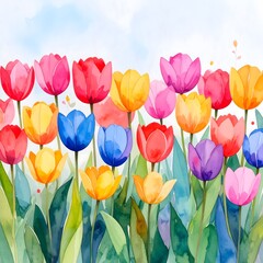 Poster - Delightful watercolor art of colorful tulips in a vibrant garden filled with blooming flowers