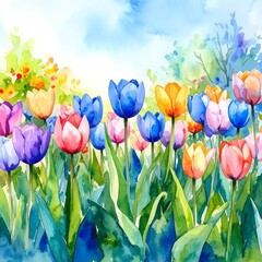 Poster - Lush watercolor representation of a field of colorful tulips under a blue sky in springtime