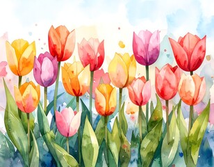 Poster - Whimsical watercolor study of a bunch of beautiful tulips in a colorful garden environment