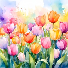 Poster - Whimsical watercolor study of a bunch of tulips in a vibrant and colorful garden setting