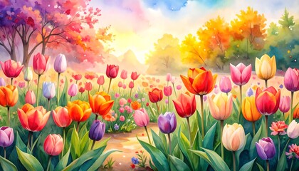 Poster - Whimsical watercolor study of a colorful tulip landscape featuring beautiful tulip flowers