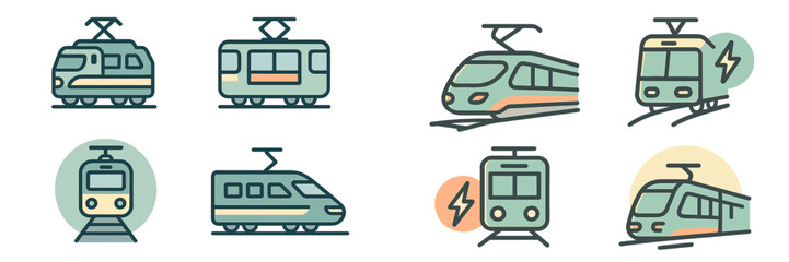 Poster - Collection of colorful train illustrations featuring various designs and styles of trams and electric trains