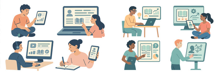 Poster - Students engaging in online learning activities at home using various digital devices in a collaborative environment
