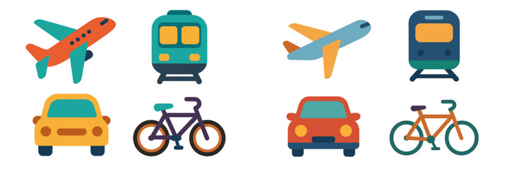 Poster - Various modes of transportation including airplanes, trains, cars, and bicycles illustrated in a colorful design