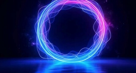 Poster - Abstract neon glowing circle frame with reflection and dark background for product placement