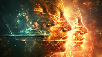 Aufkleber - Two profiles of faces, engulfed in fiery energy, set against a backdrop of geometric shapes.