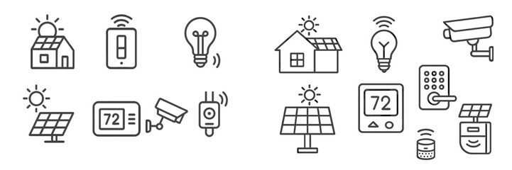 Poster - Eco-friendly technology symbols depicting solar energy, smart home devices, and energy efficiency features