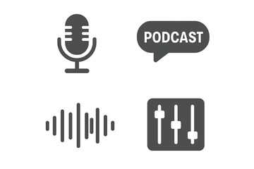 Poster - Podcasting tools for audio creation showing a microphone, sound wave, and audio mixer in a minimalist design