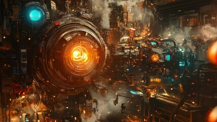 Aufkleber - Futuristic Technology Hub with Intricate Machinery and Glowing Elements in a Sci-Fi Environment transparent background png