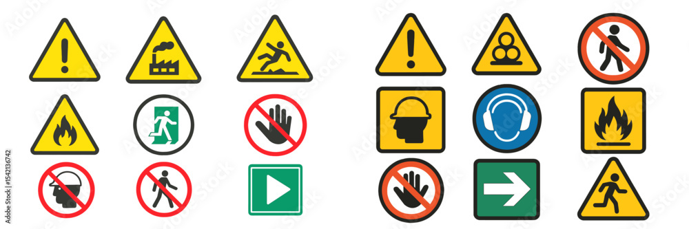 Safety symbols and warning signs displayed at a construction site ...