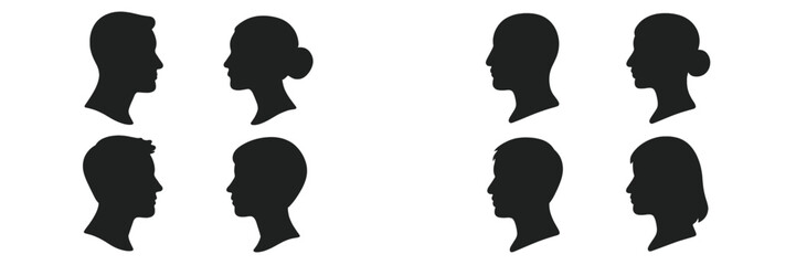 Poster - Diverse silhouettes of heads displaying various orientations and hairstyles in black against a blank background