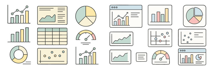 Aufkleber - Various data visualization elements, including graphs, charts, and tables, suitable for presentations and reports