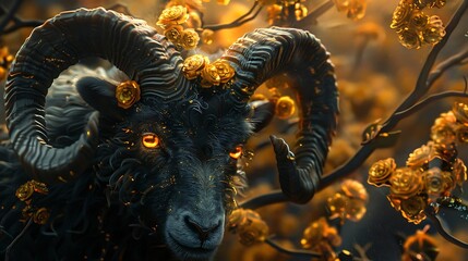 Aufkleber - Ornate black ram with golden flowers adorning its horns and coat.