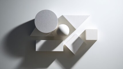Poster - A minimalist composition of geometric white shapes casting shadows on a subtle gradient background.