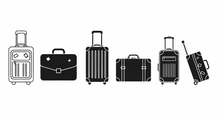 Aufkleber - This high-quality vector image features eight minimalist luggage icons, including suitcases, briefcases, and ribbed designs, in both outline and solid black, all with fine details.