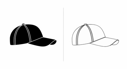 Poster - This high-quality vector image features two minimalist baseball cap icons: a solid black silhouette and a black outline, both with a rounded crown and curved brim, all with fine details.