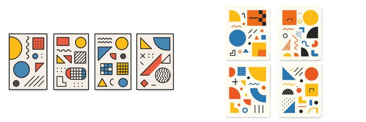 Poster - Colorful geometric art pieces displayed together on a wall in a bright modern gallery setting
